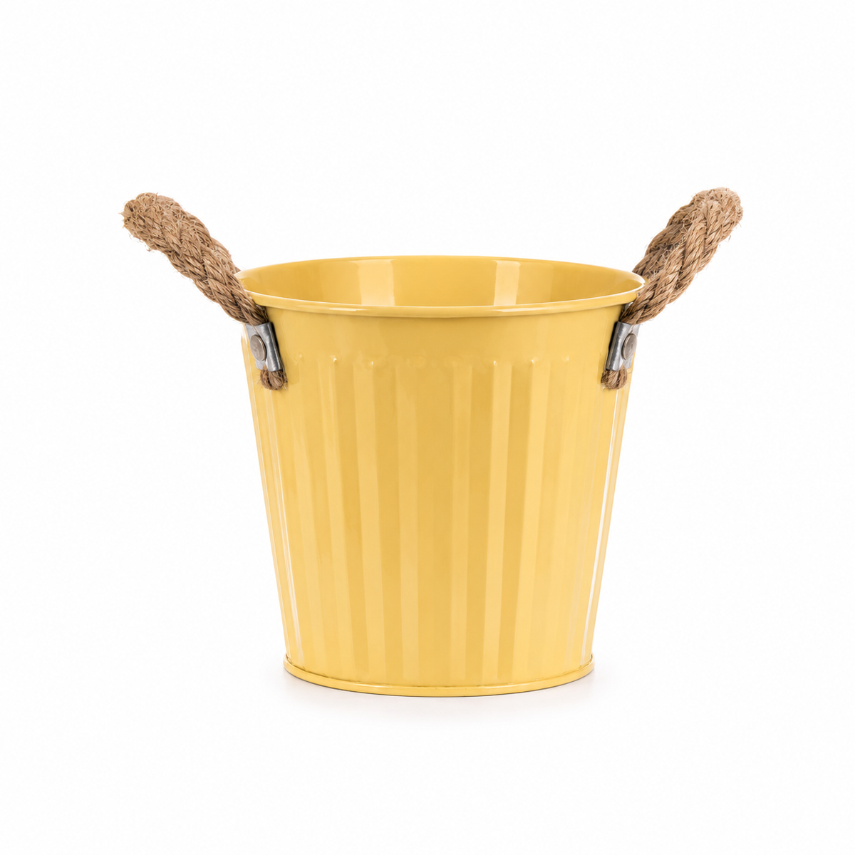 Kleine gele bloempot met handgrepen van touw