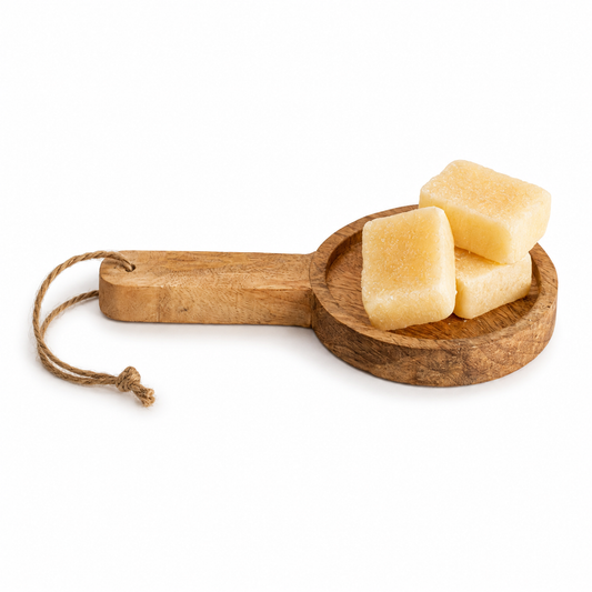 Amberblokjes vanille op een houten plankje