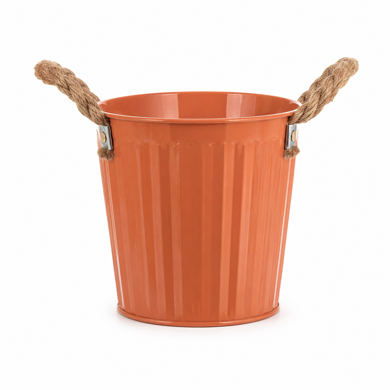 Grote oranje bloempot met handgrepen van touw