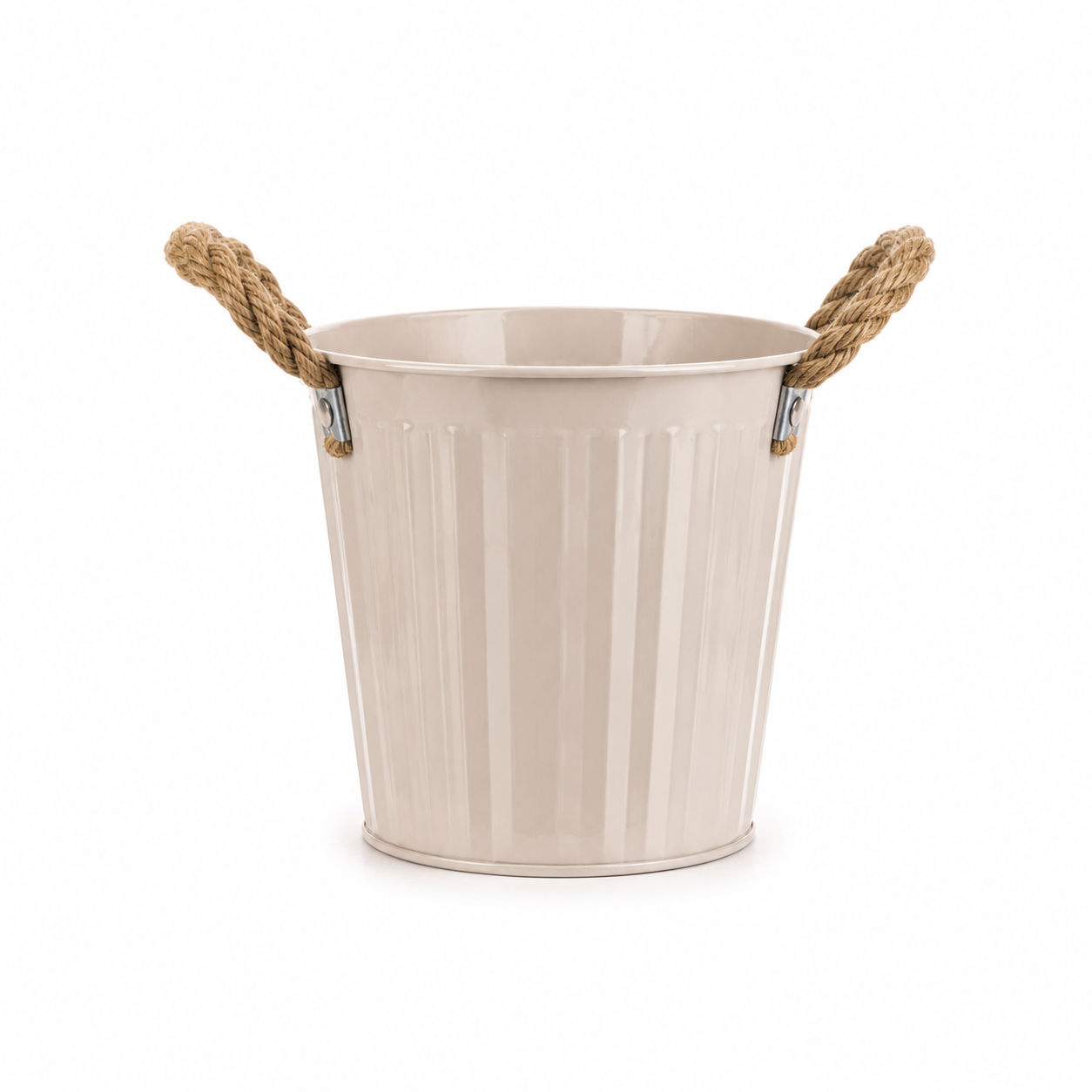 Kleine beige bloempot met handgrepen van touw