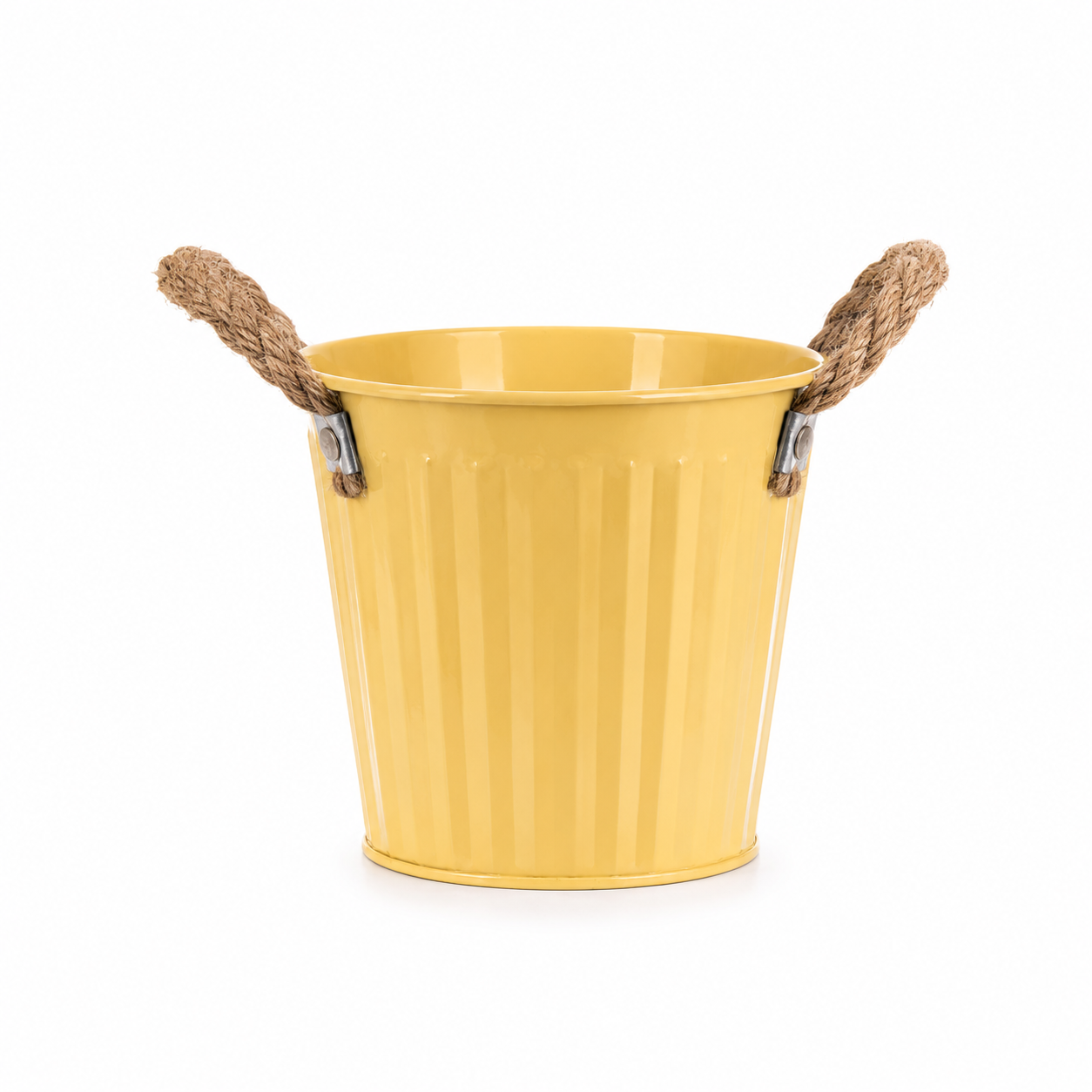 Kleine gele bloempot met handgrepen van touw