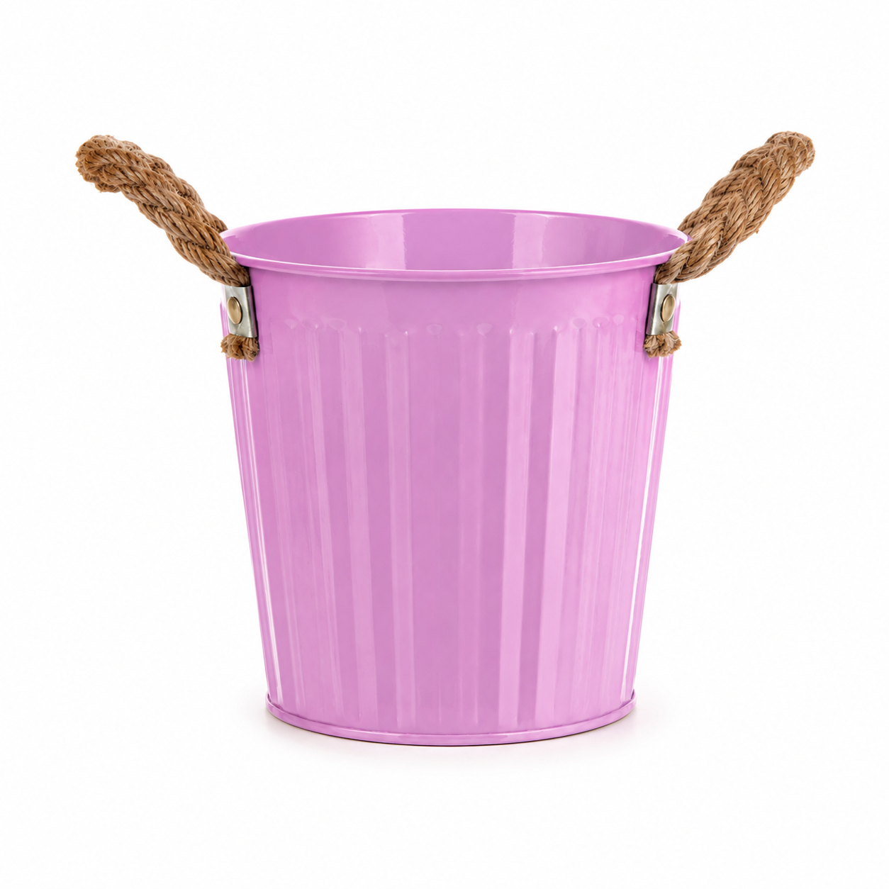 Kleine roze bloempot met handgrepen van touw