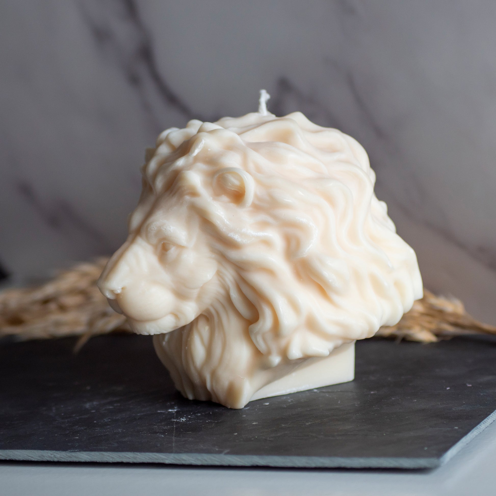 Beigekleurige Lion Light kaars in rustige, natuurlijke setting