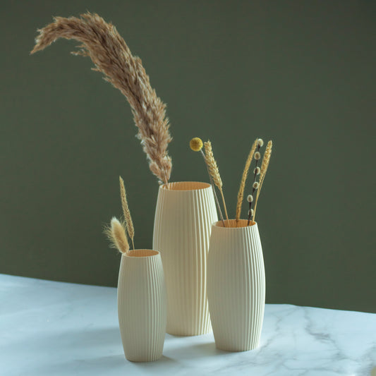 Beige vazen Nomi met droogbloemen op marmeren blad en groene achtergrond