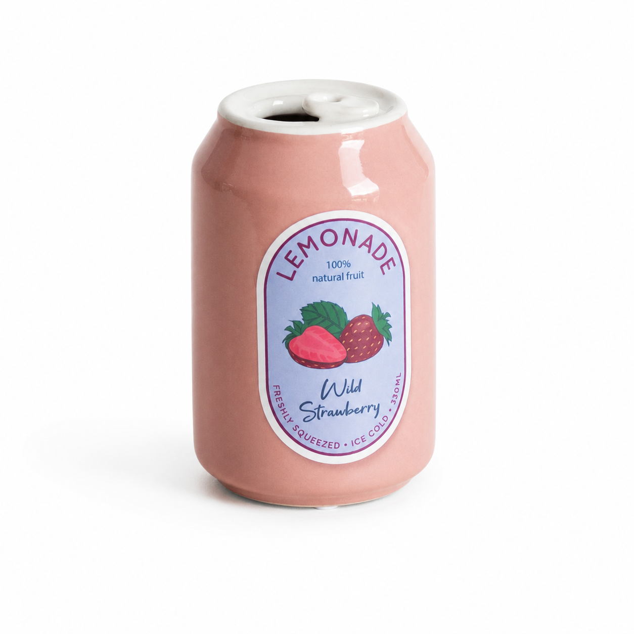 Vaas in de vorm van een limonadeblikje met aardbei design